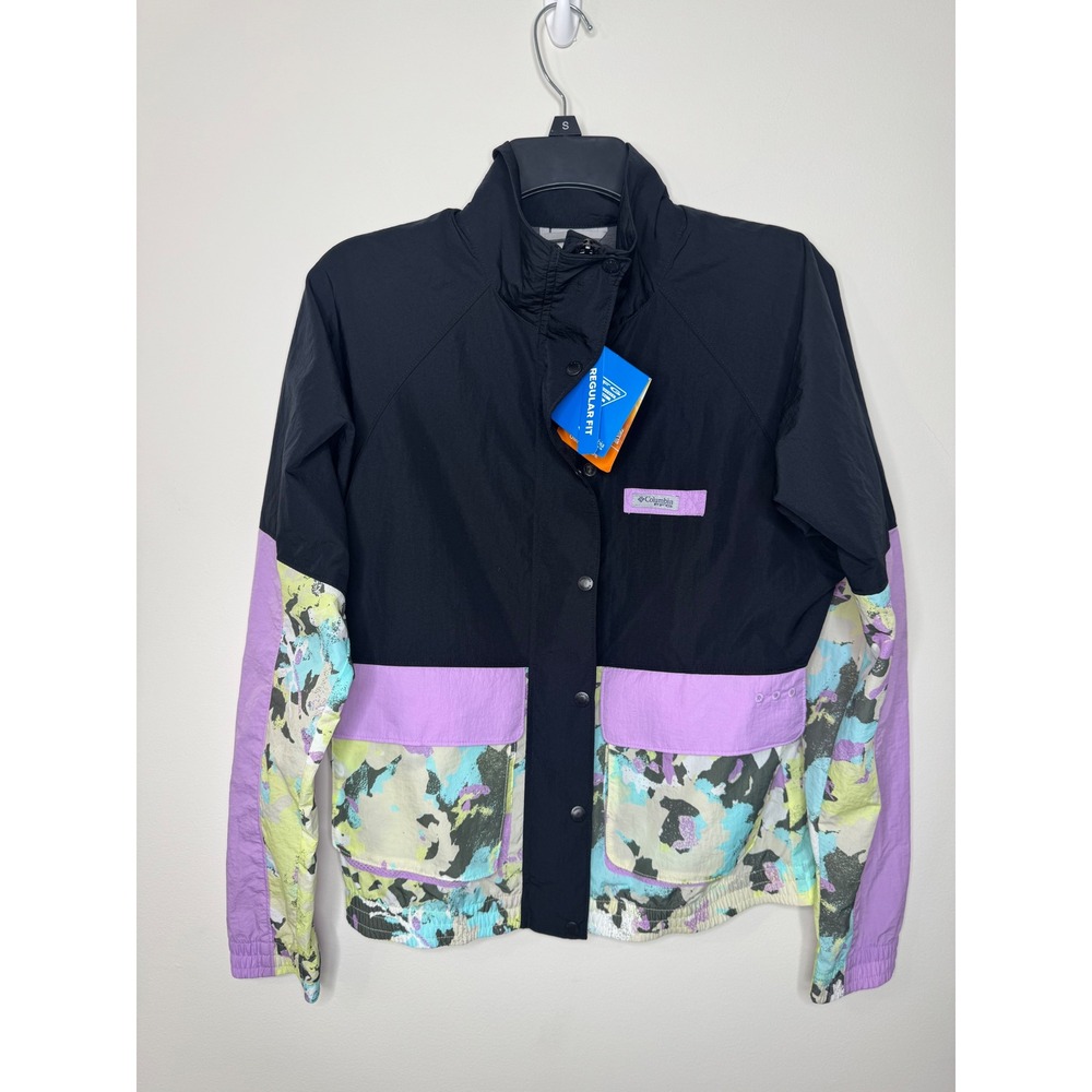 Columbia PFG Open Water Windbreaker Jacket Black Purple Floral XS